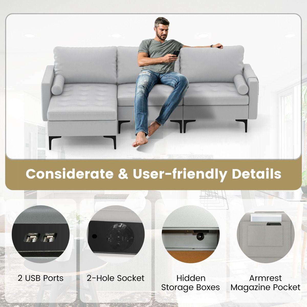 Extra Large L-Shaped Sofa with 4 USB Ports, Solid Metal Legs
