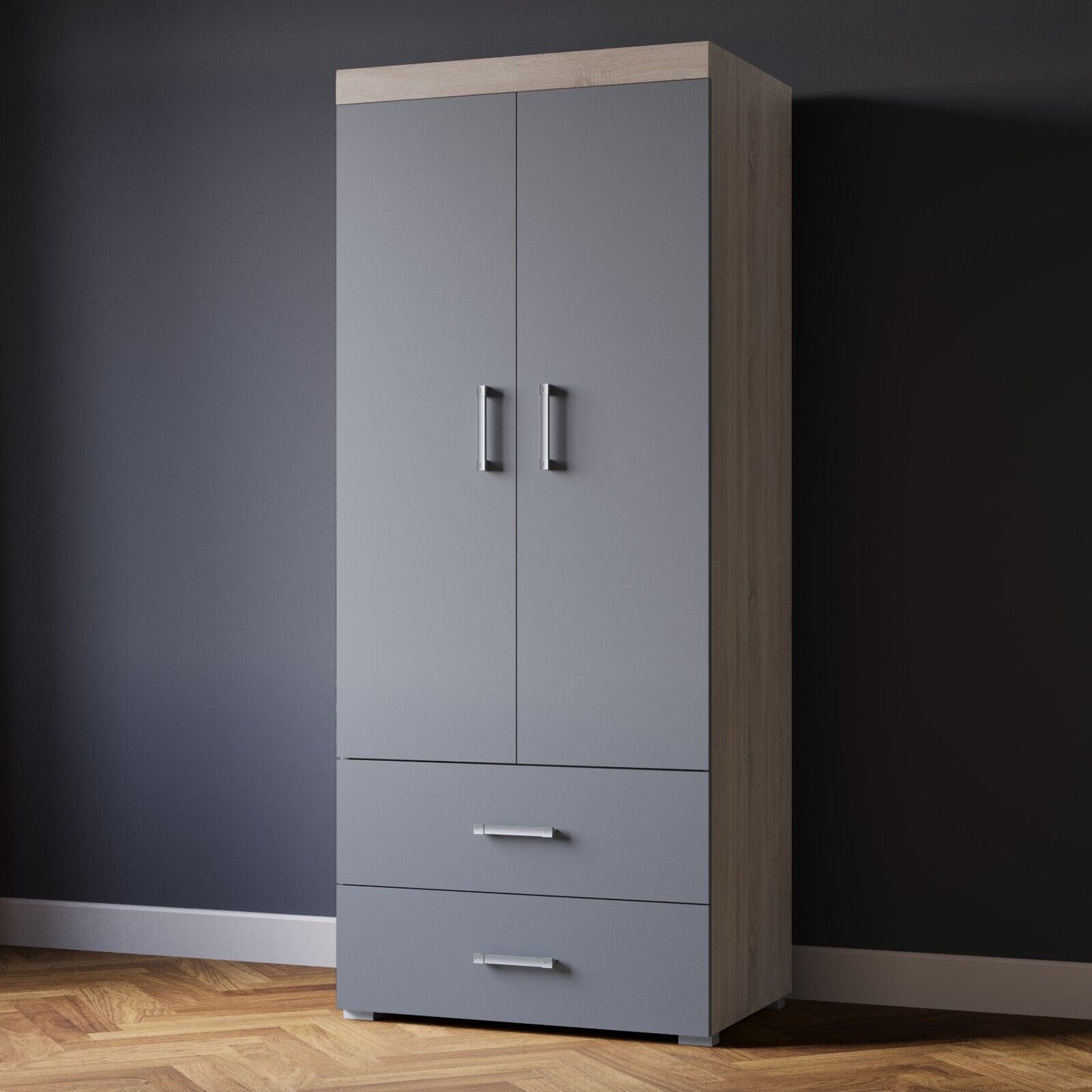 2 Door 2 Drawer Wardrobe in Grey & Sonoma Oak Effect Bedroom Furniture Storage