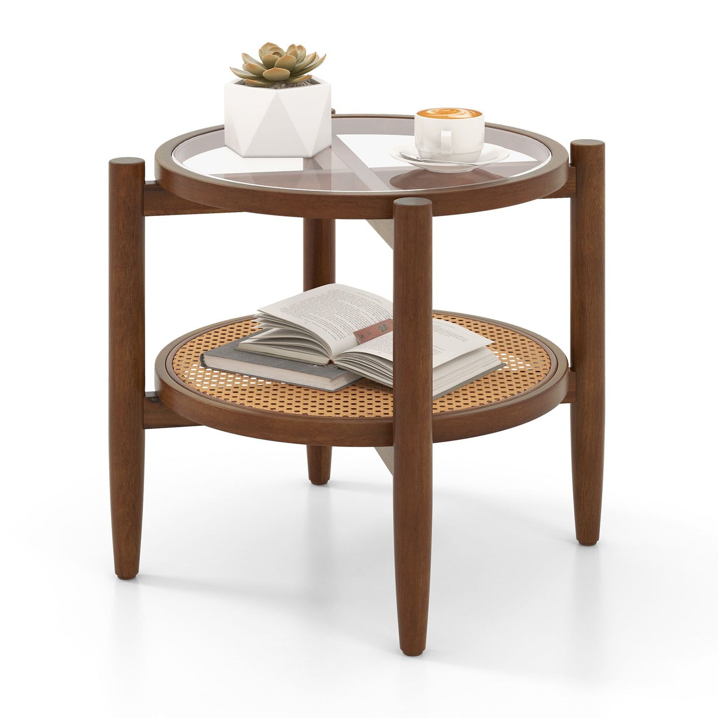 2-Tier Round Side End Table in PE Rattan with Tempered Glass Top