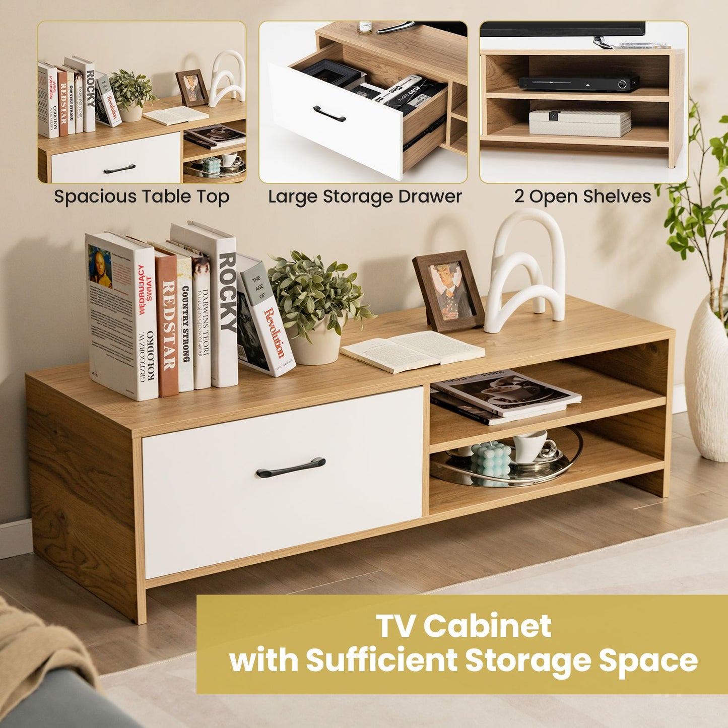 Elegant Wooden TV Stand Featuring Drawer and Dual Shelves for TVs up to 55 Inches