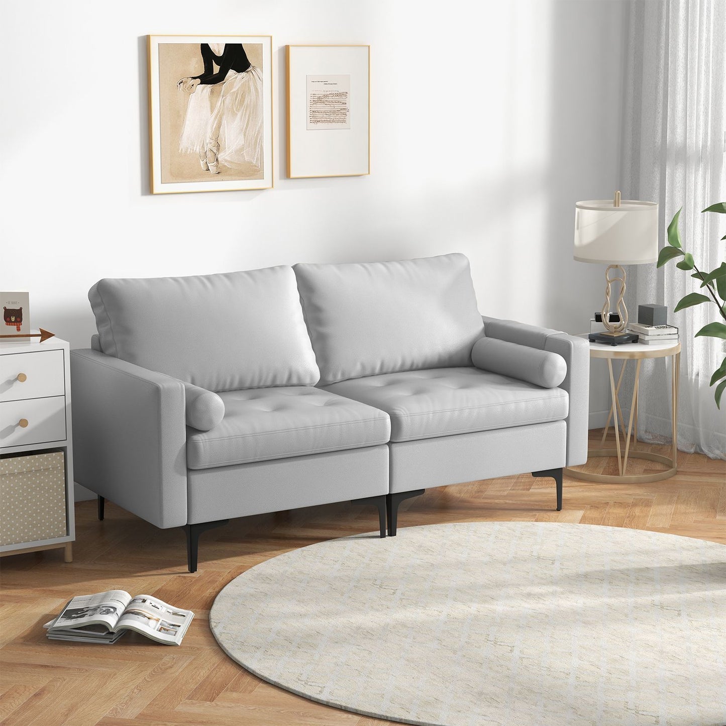 Modular Sectional Sofa Couch with 2 Removable Bolsters, Solid Metal Legs