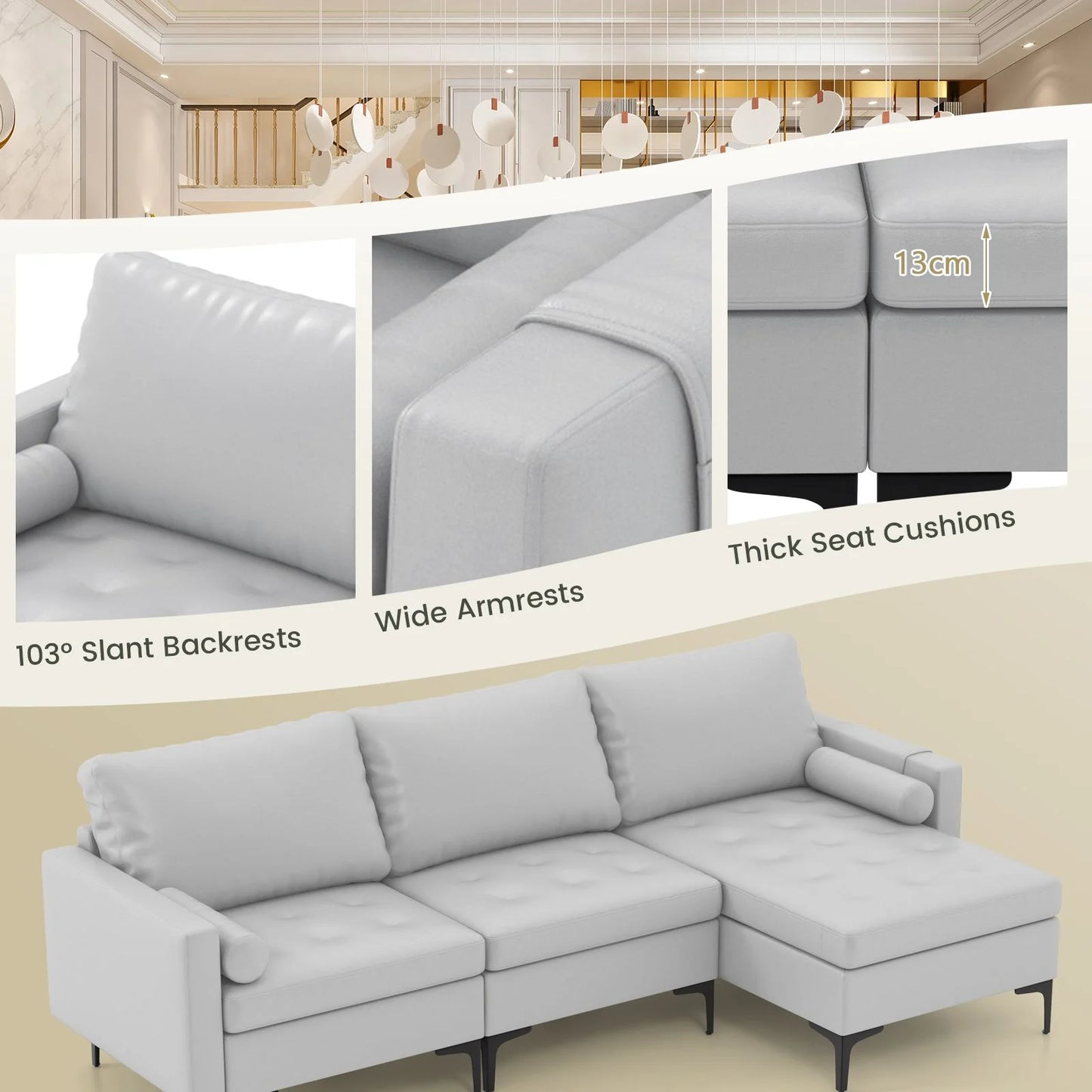 Extra Large L-Shaped Sofa with 4 USB Ports, Solid Metal Legs