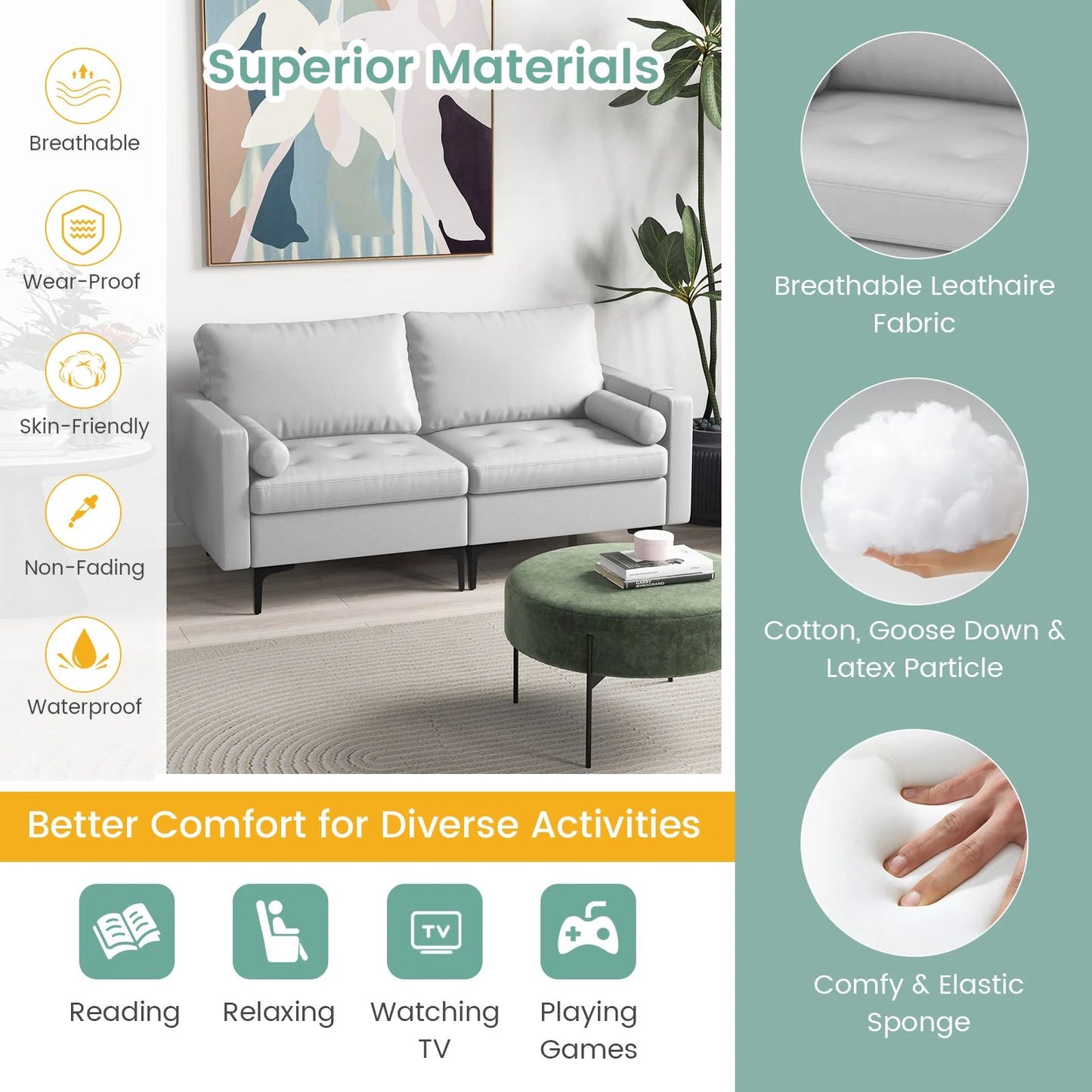 Modular Sectional Sofa Couch with 2 Removable Bolsters, Solid Metal Legs