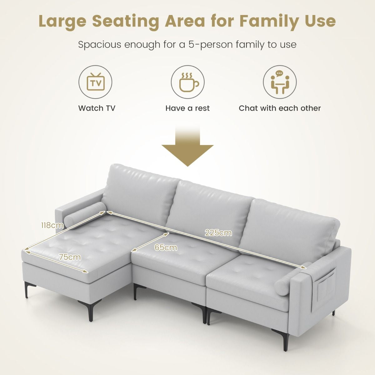 Extra Large L-Shaped Sofa with 4 USB Ports, Solid Metal Legs