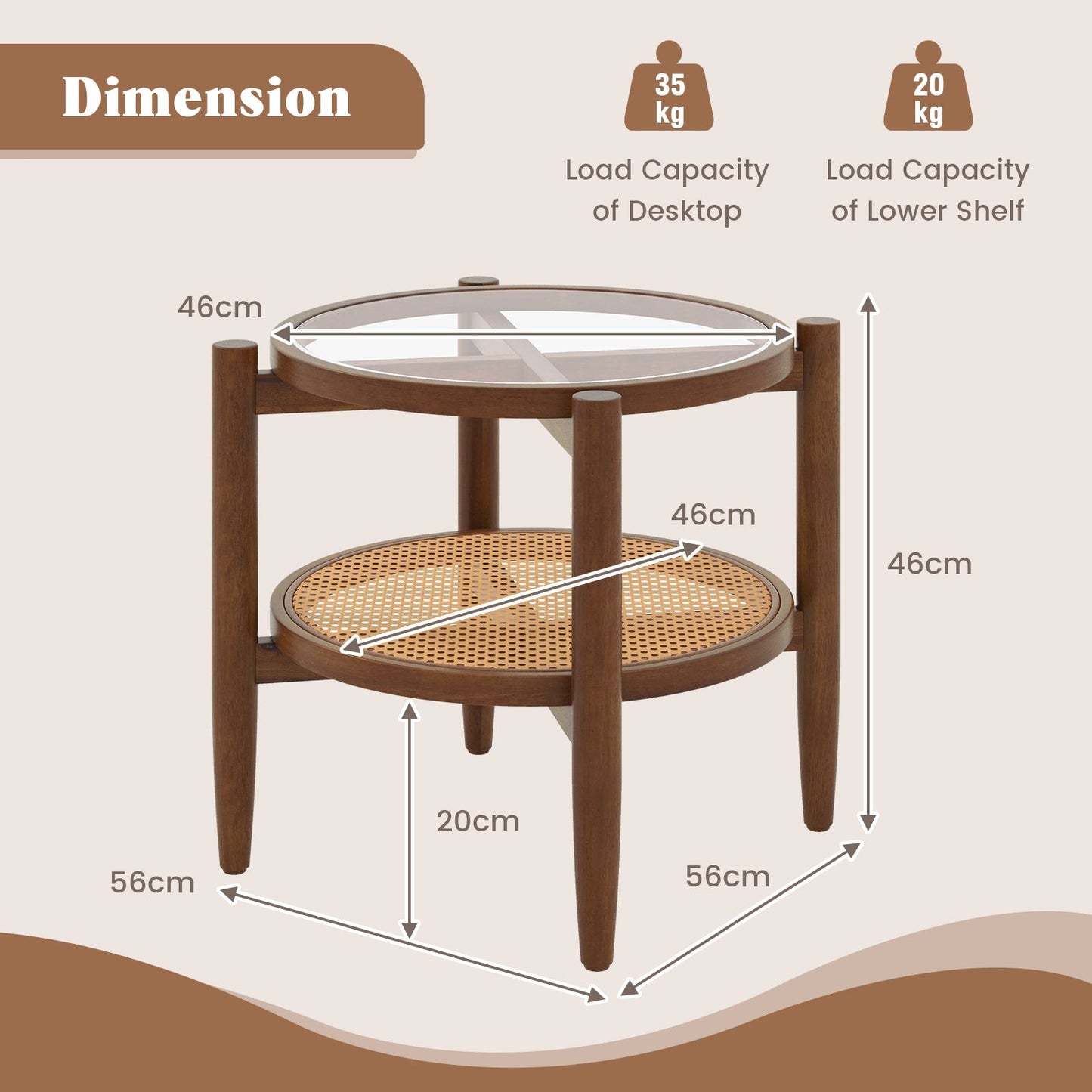 2-Tier Round Side End Table in PE Rattan with Tempered Glass Top
