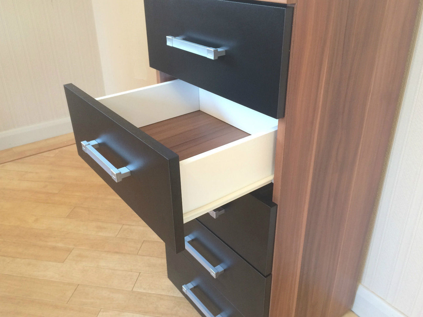 Black & Walnut 5 Drawer Tall Boy Chest & 2 Drawer Bedside Cabinet Bedroom Narrow