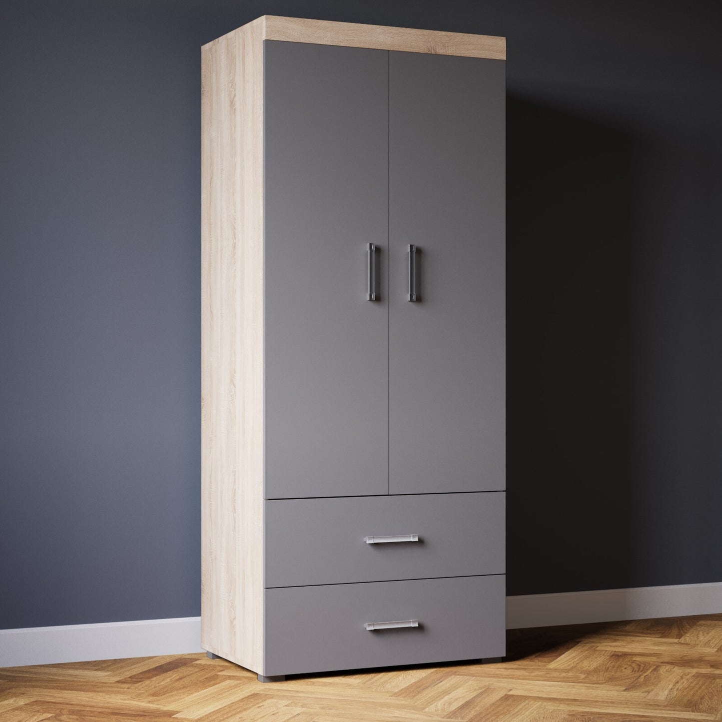 2 Door 2 Drawer Wardrobe in Grey & Sonoma Oak Effect Bedroom Furniture Storage