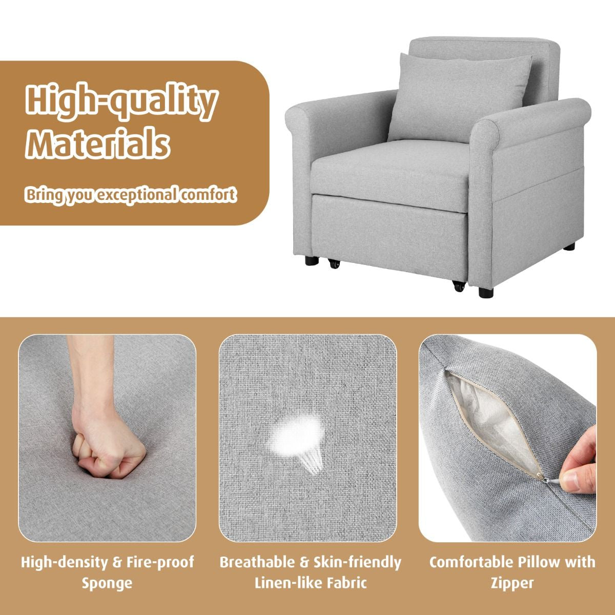 3-In-1 Convertible Sofa Bed with Pillow