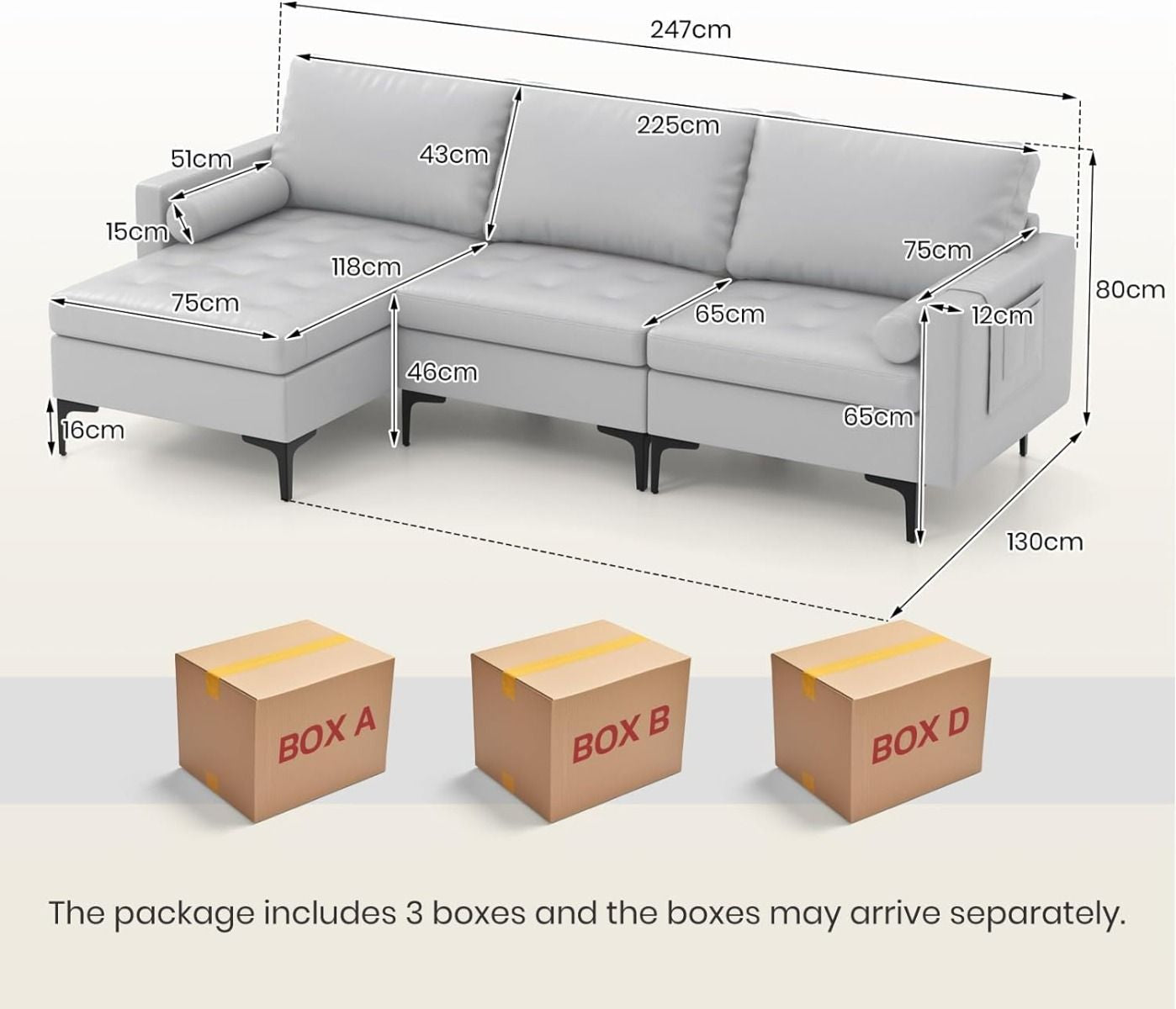 Extra Large L-Shaped Sofa with 4 USB Ports, Solid Metal Legs