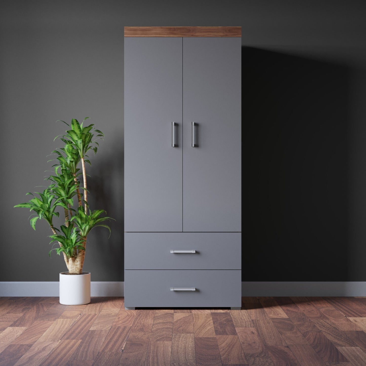 2 Door 2 Drawer Wardrobe in Grey & Walnut Effect Bedroom Furniture Storage Rail