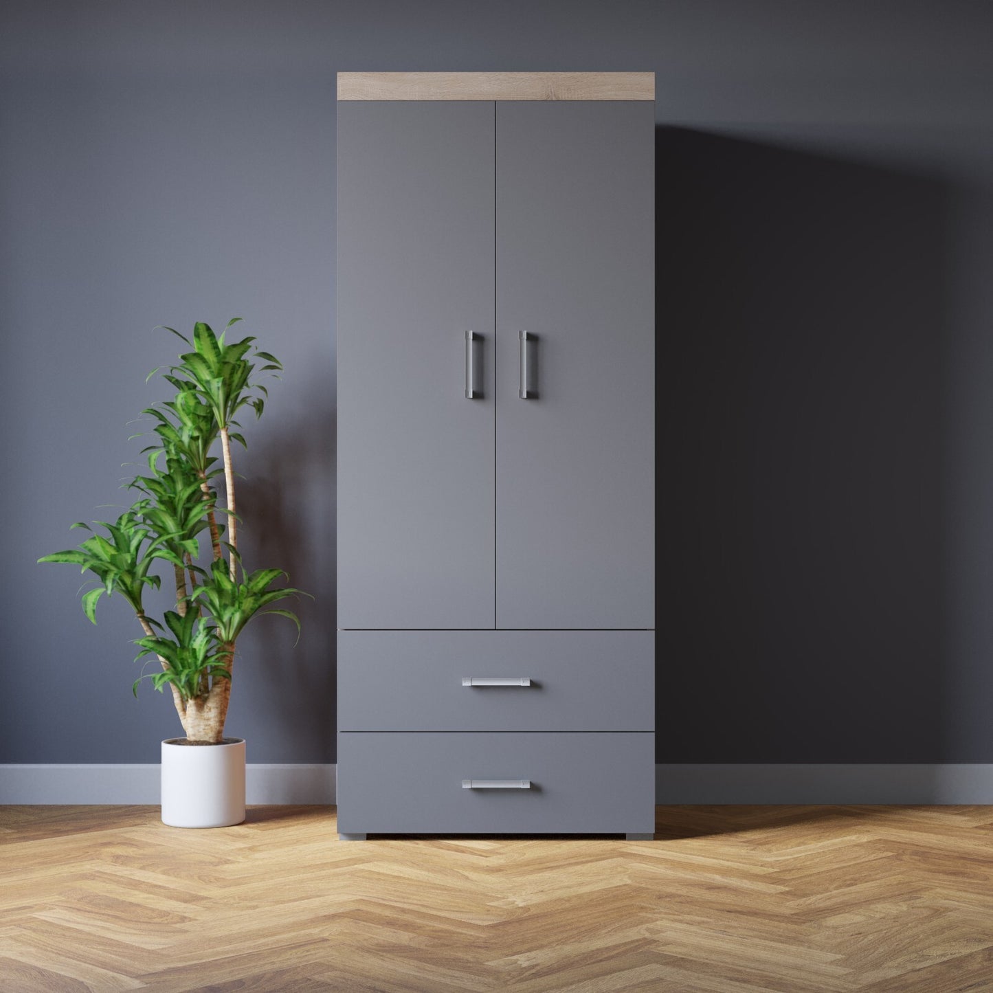 2 Door 2 Drawer Wardrobe in Grey & Sonoma Oak Effect Bedroom Furniture Storage