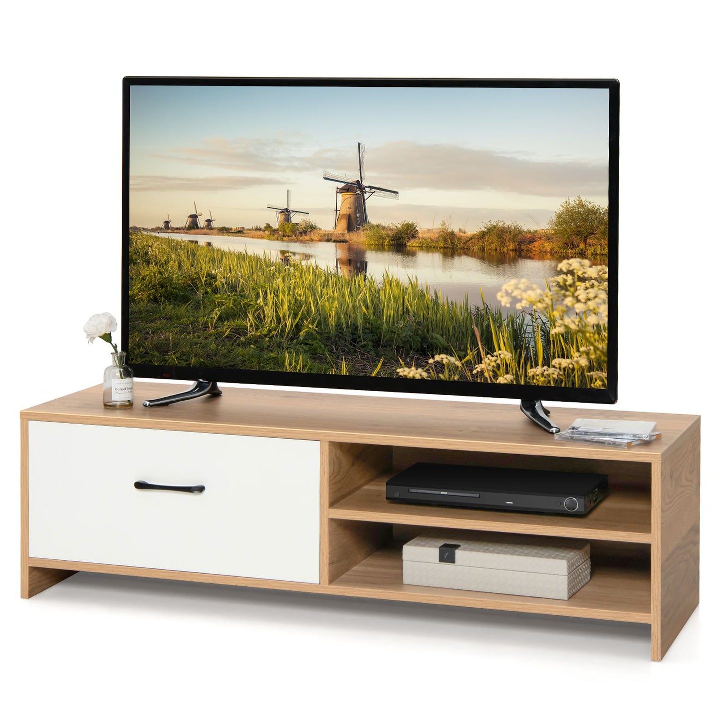 Elegant Wooden TV Stand Featuring Drawer and Dual Shelves for TVs up to 55 Inches