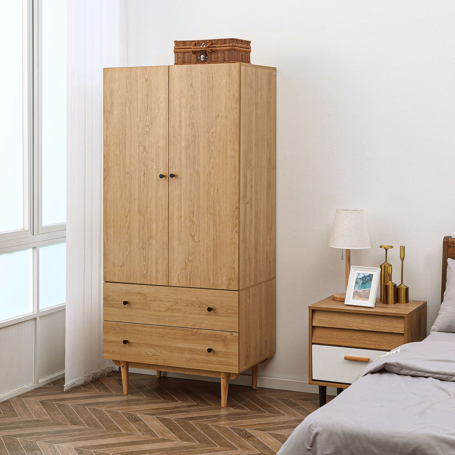 HOMCOM 2 Door Wardrobe with 2 Drawers, Hanging Rail, Clothes Storage Organiser