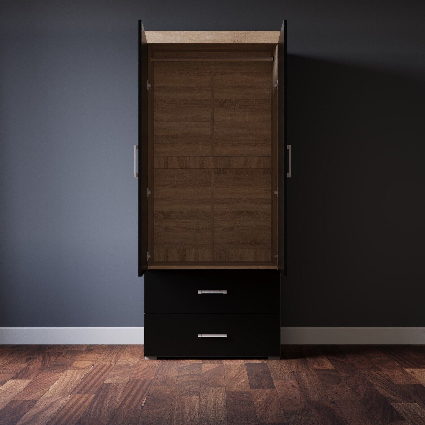 2 Door 2 Drawer Wardrobe in Black & Sonoma Oak Effect Bedroom Furniture Storage