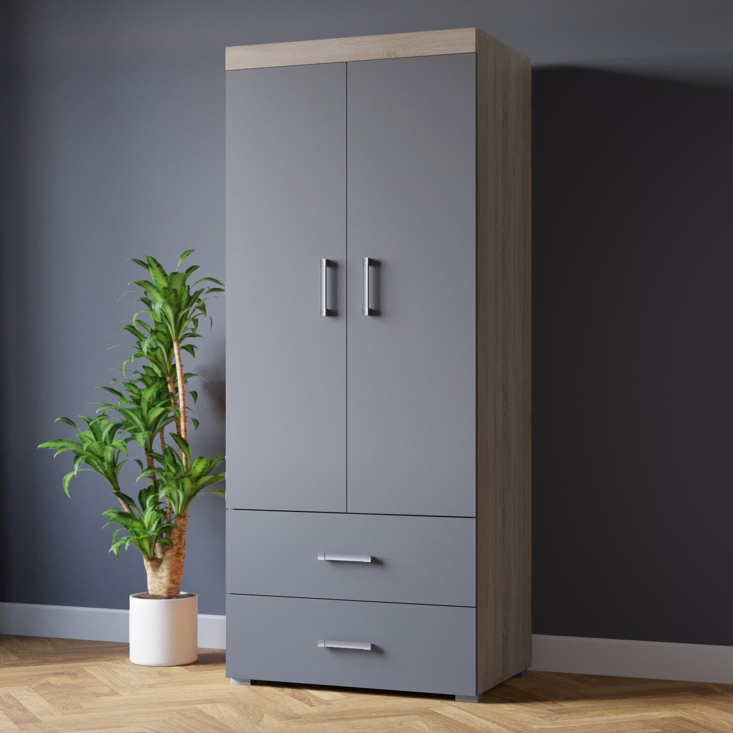 2 Door 2 Drawer Wardrobe in Grey & Sonoma Oak Effect Bedroom Furniture Storage