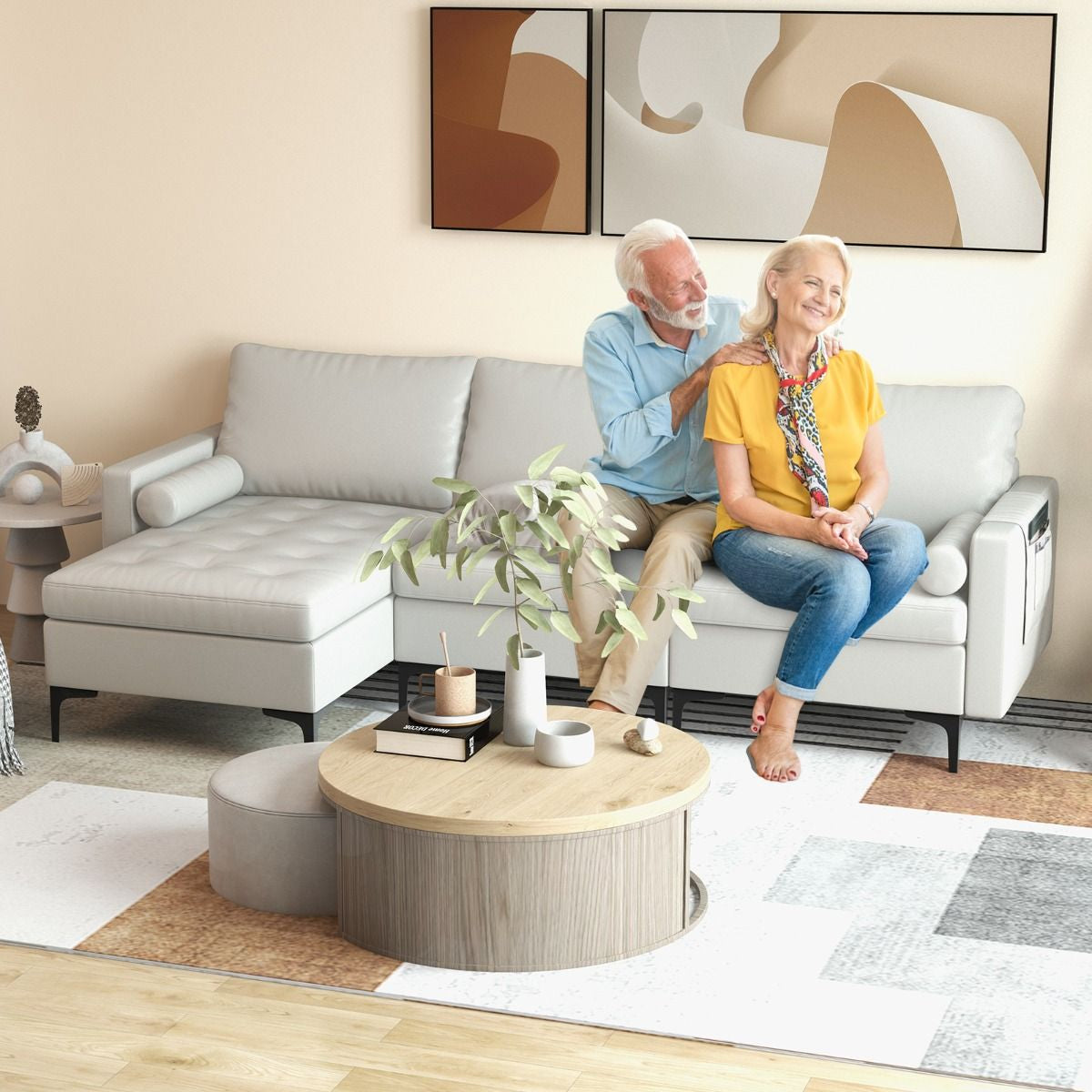 Extra Large L-Shaped Sofa with 4 USB Ports, Solid Metal Legs