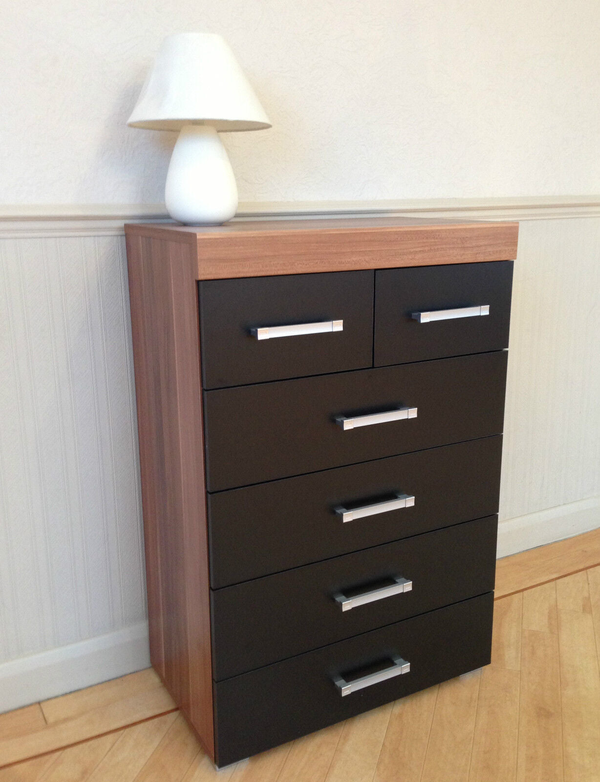 Black & Walnut 4+2 Drawer Chest & 2 Drawer Bedside Cabinet Bedroom Furniture 6