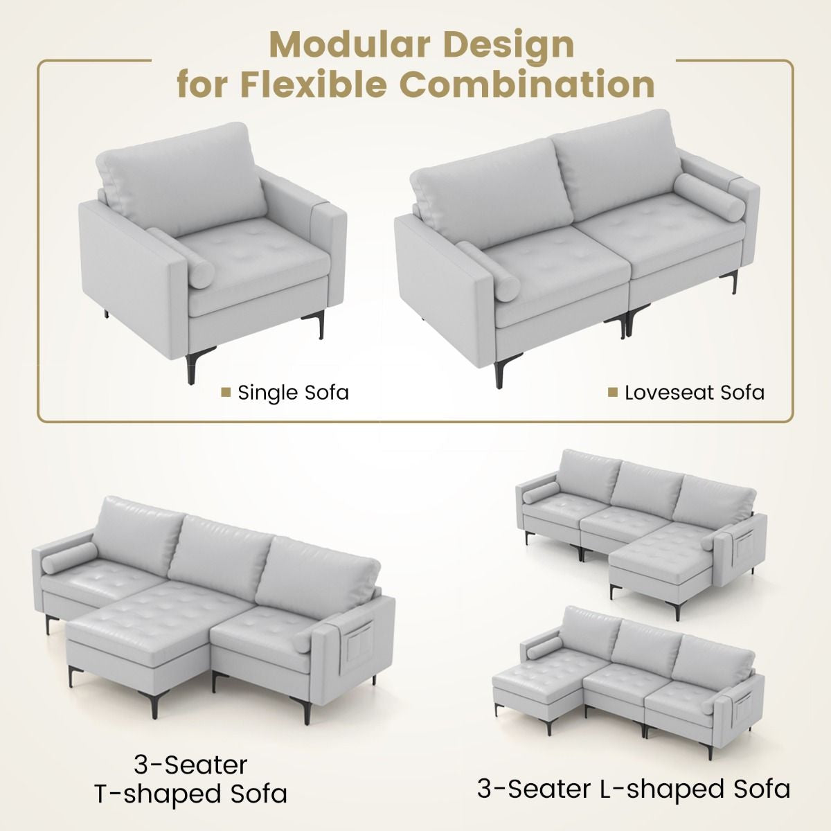 Extra Large L-Shaped Sofa with 4 USB Ports, Solid Metal Legs