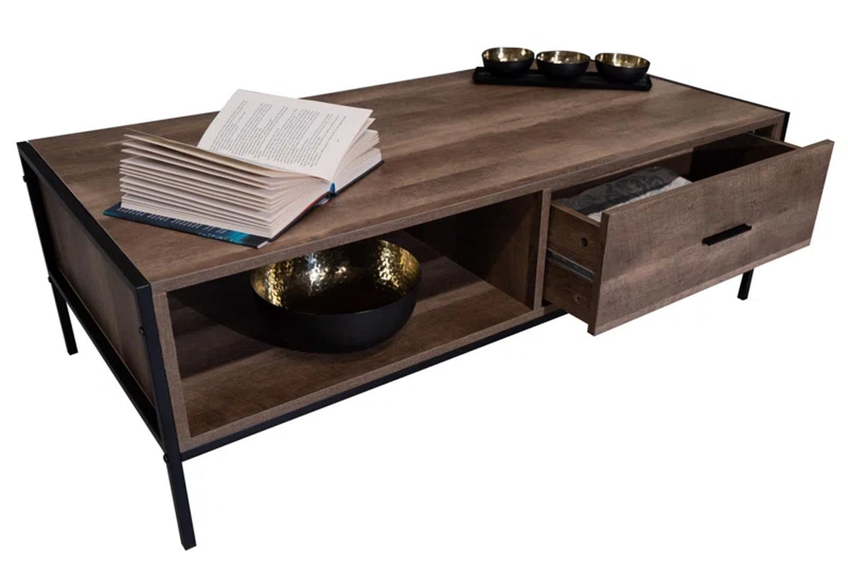Esteban 1 Drawer Coffee Table with Open Shelf. Industrial Style. Black Metal Frame.