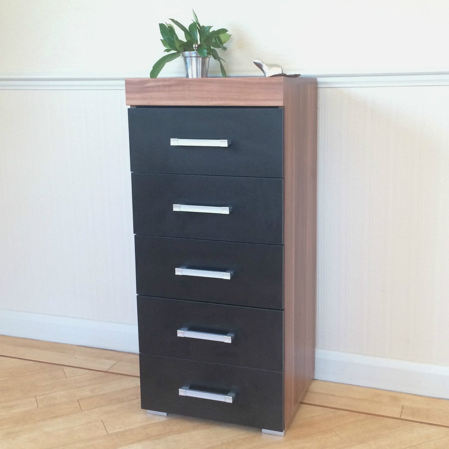Black & Walnut 5 Drawer Tall Boy Chest & 2 Drawer Bedside Cabinet Bedroom Narrow