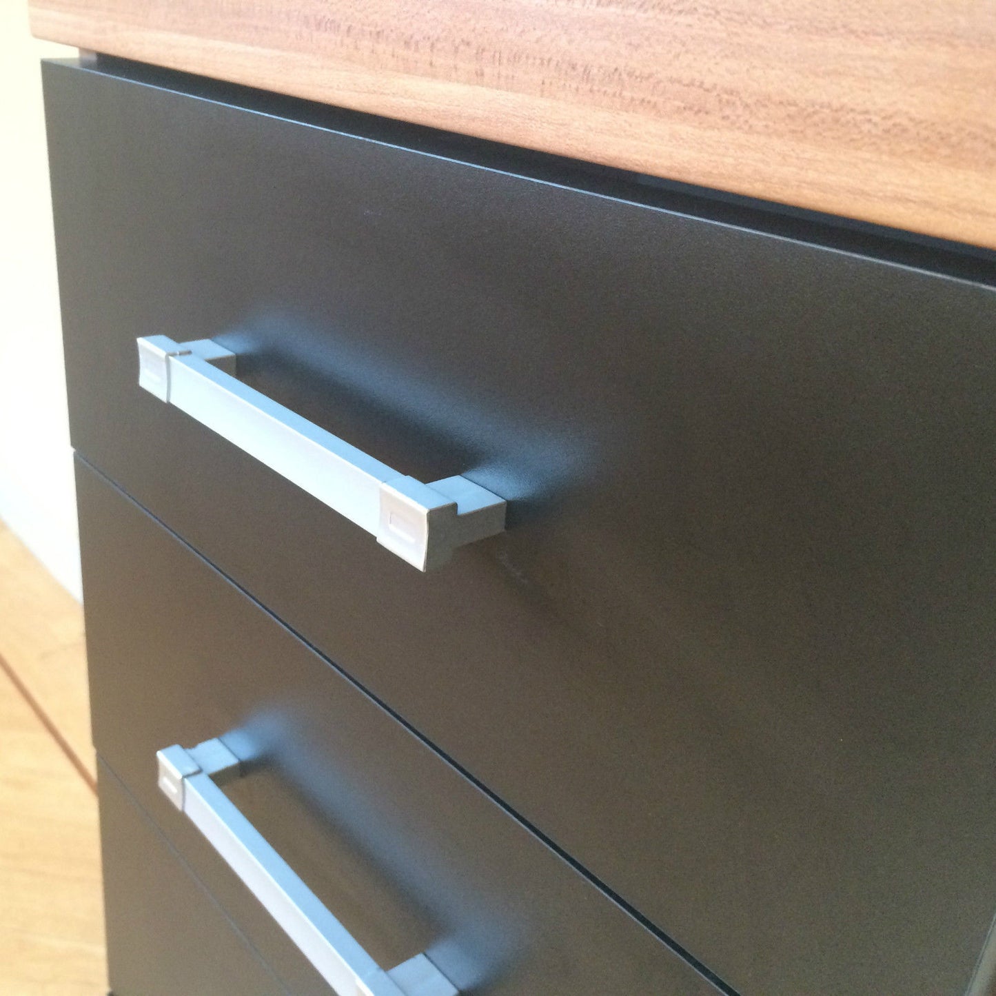 Black & Walnut 5 Drawer Tall Boy Chest & 2 Drawer Bedside Cabinet Bedroom Narrow