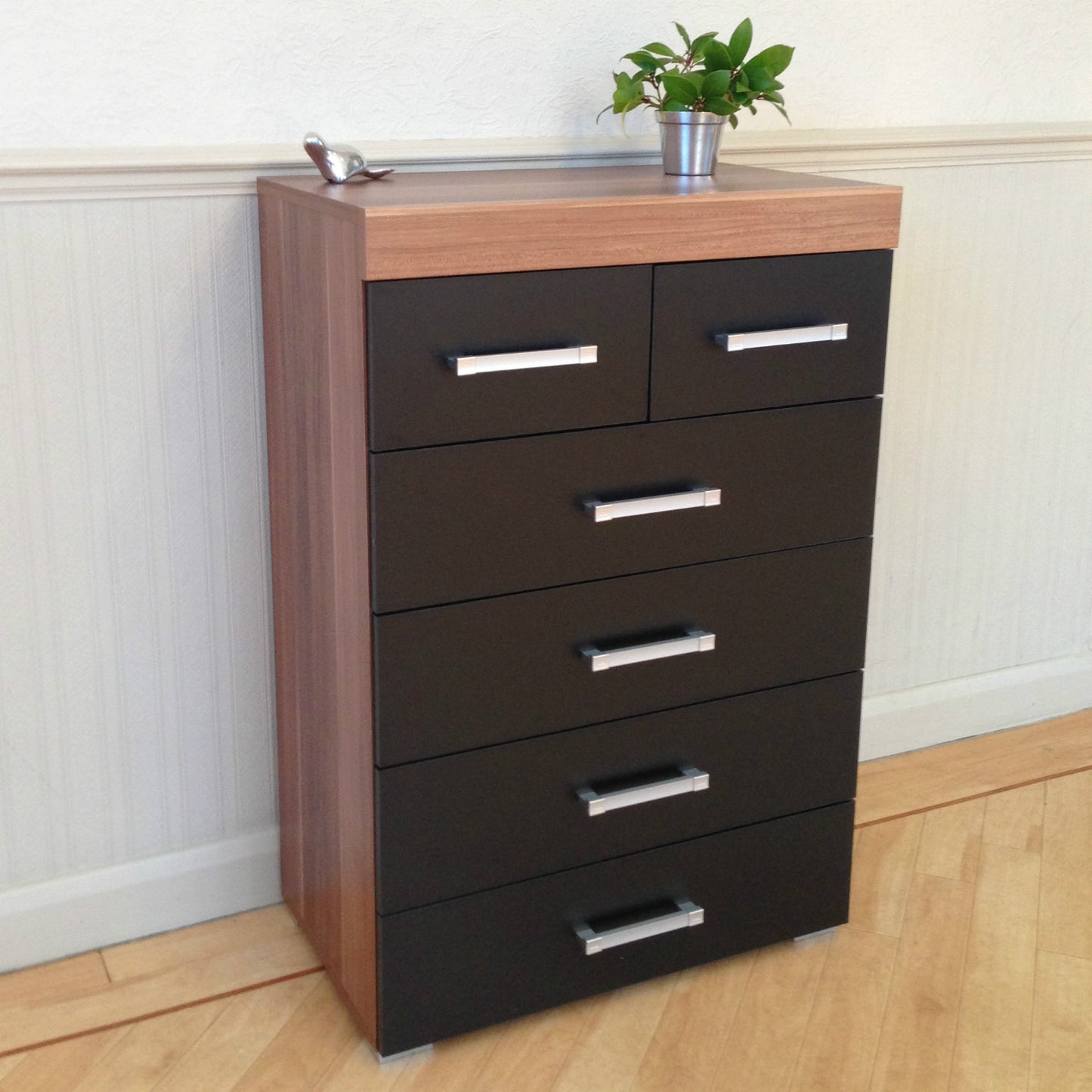 Black & Walnut 4+2 Drawer Chest & 2 Drawer Bedside Cabinet Bedroom Furniture 6