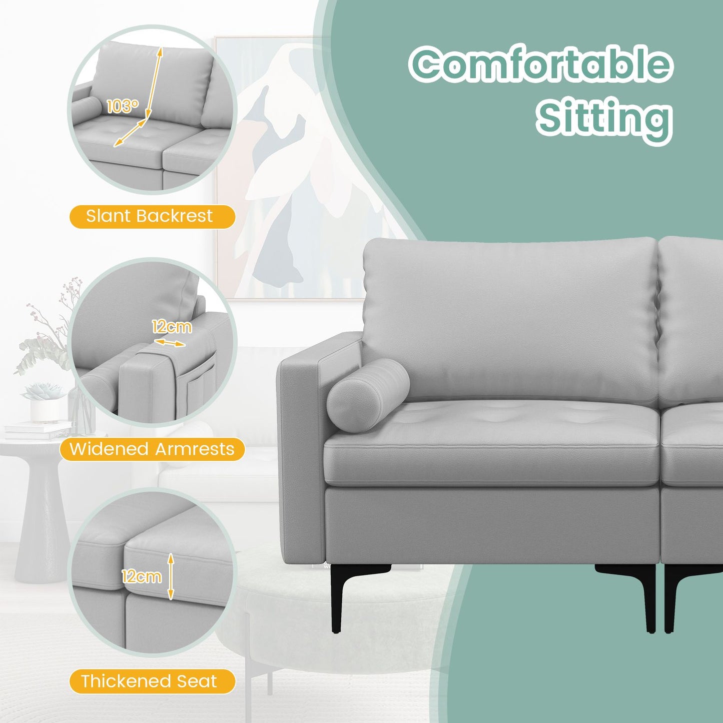 Modular Sectional Sofa Couch with 2 Removable Bolsters, Solid Metal Legs