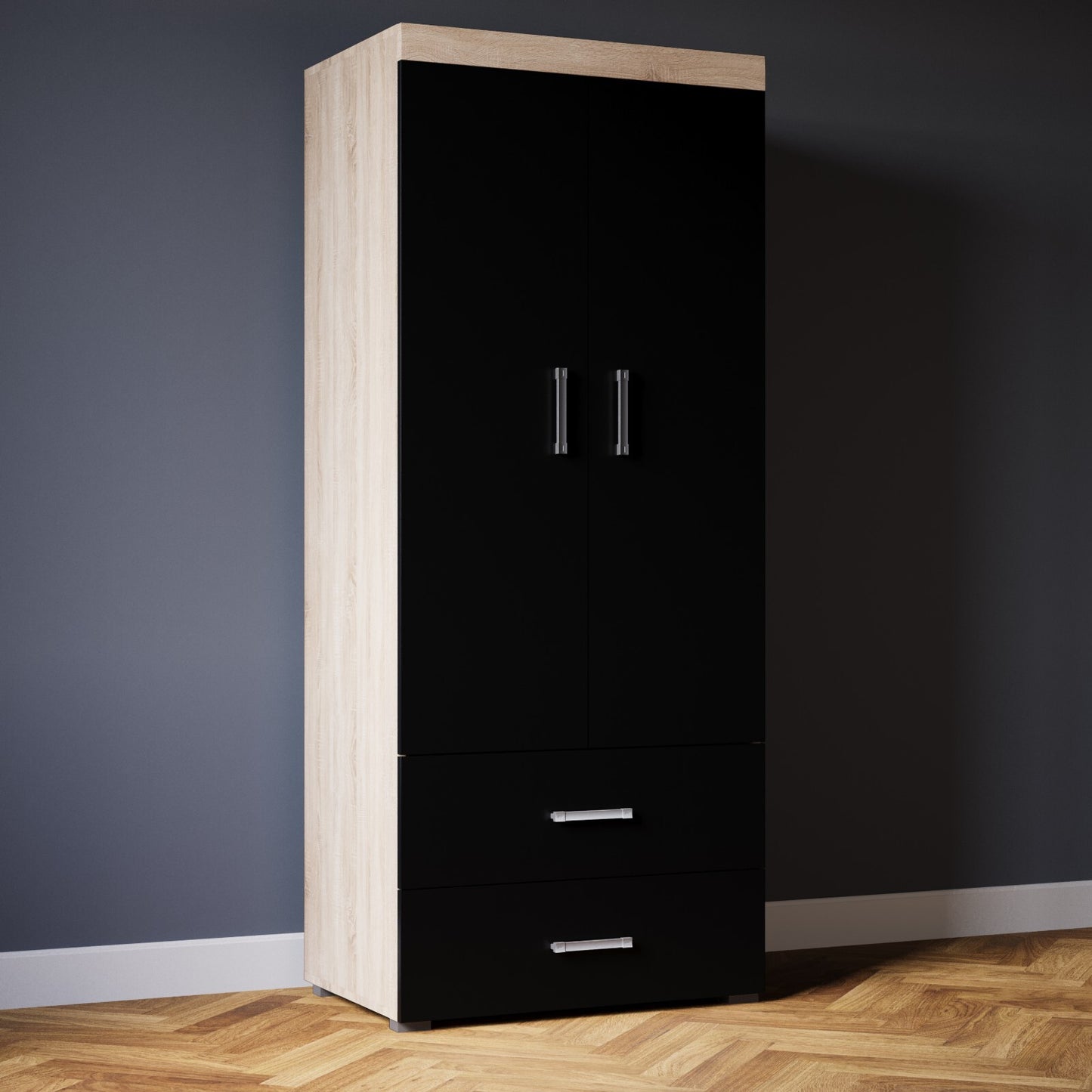 2 Door 2 Drawer Wardrobe in Black & Sonoma Oak Effect Bedroom Furniture Storage