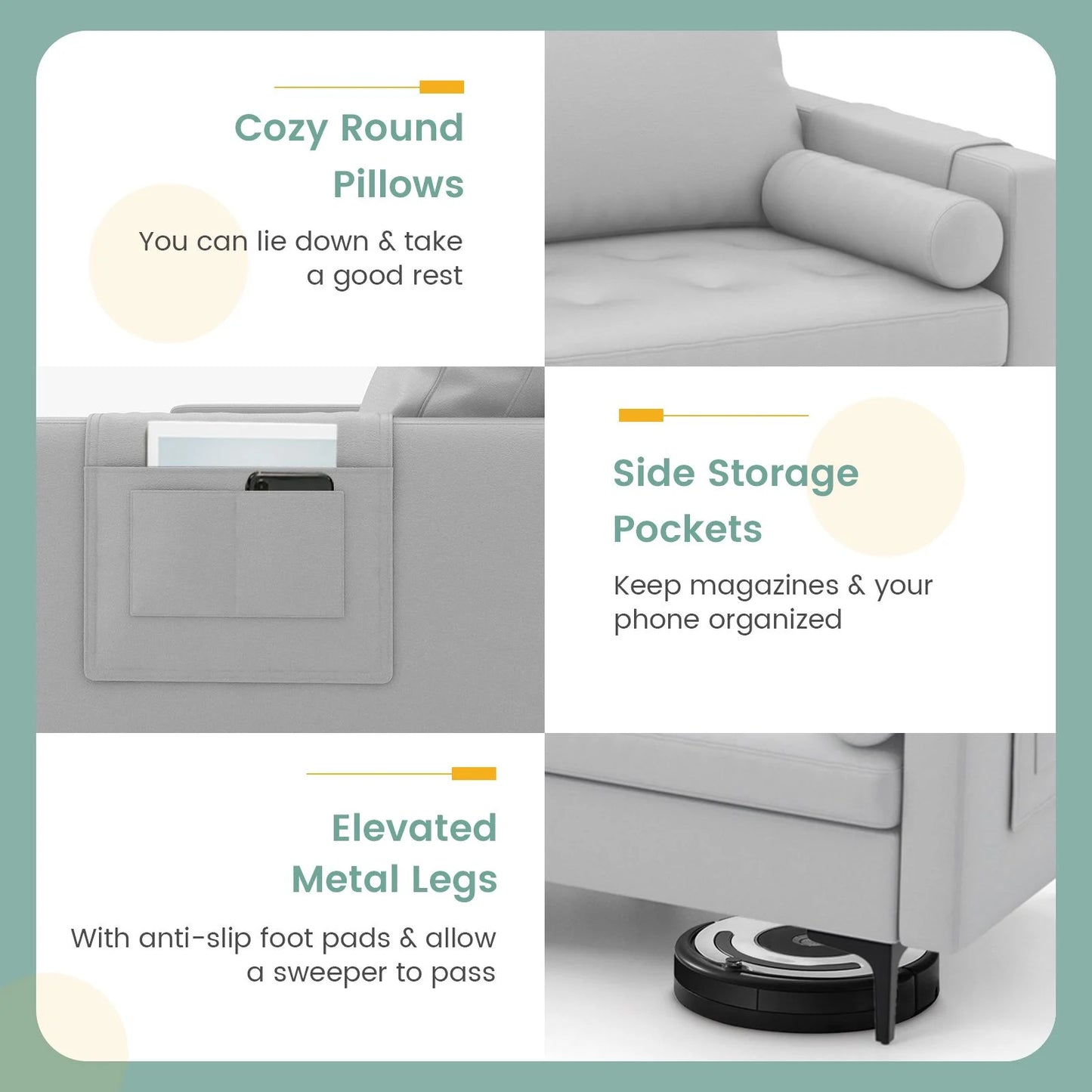 Modular Sectional Sofa Couch with 2 Removable Bolsters, Solid Metal Legs