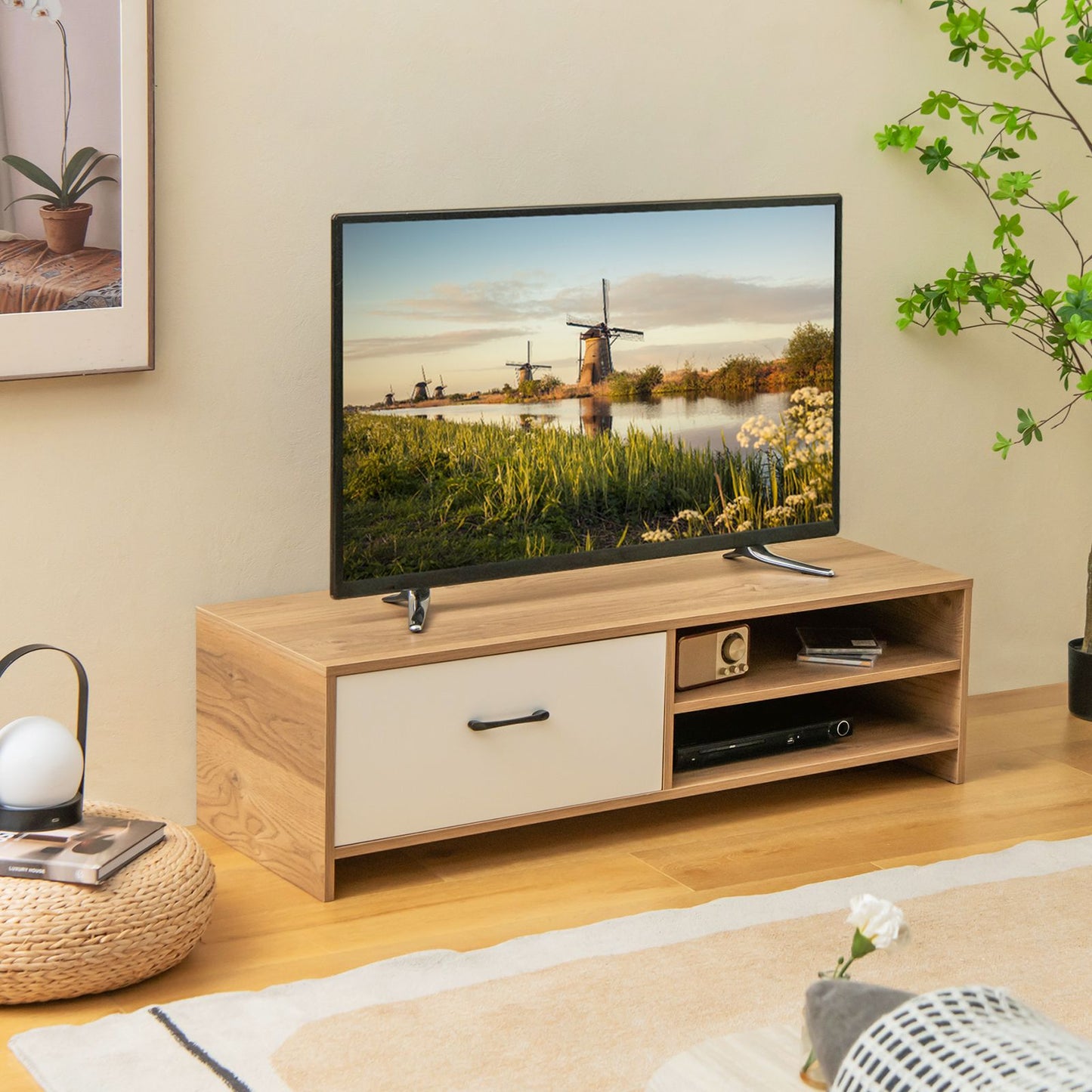 Elegant Wooden TV Stand Featuring Drawer and Dual Shelves for TVs up to 55 Inches