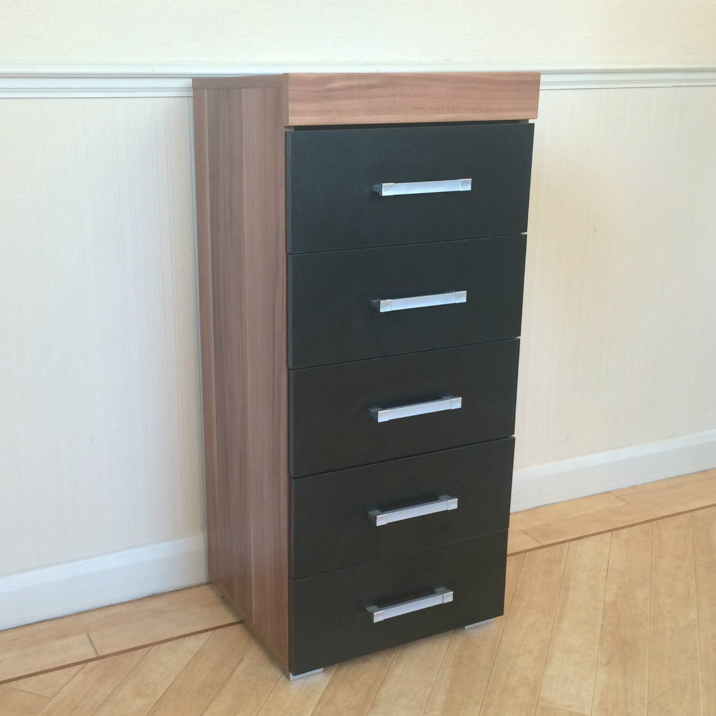 Black & Walnut 5 Drawer Tall Boy Chest & 2 Drawer Bedside Cabinet Bedroom Narrow