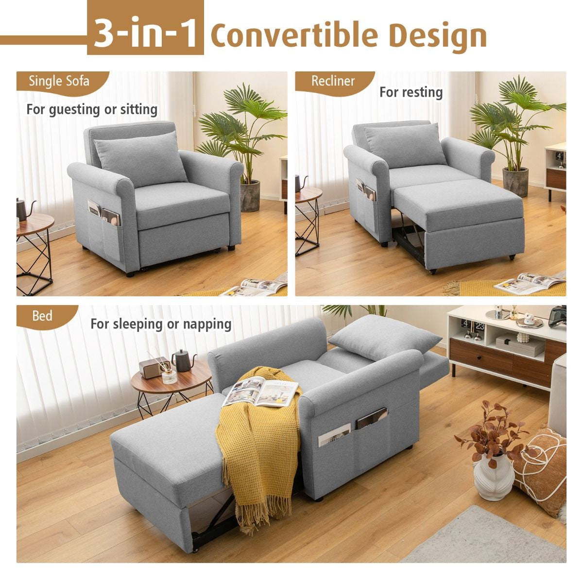3-In-1 Convertible Sofa Bed with Pillow