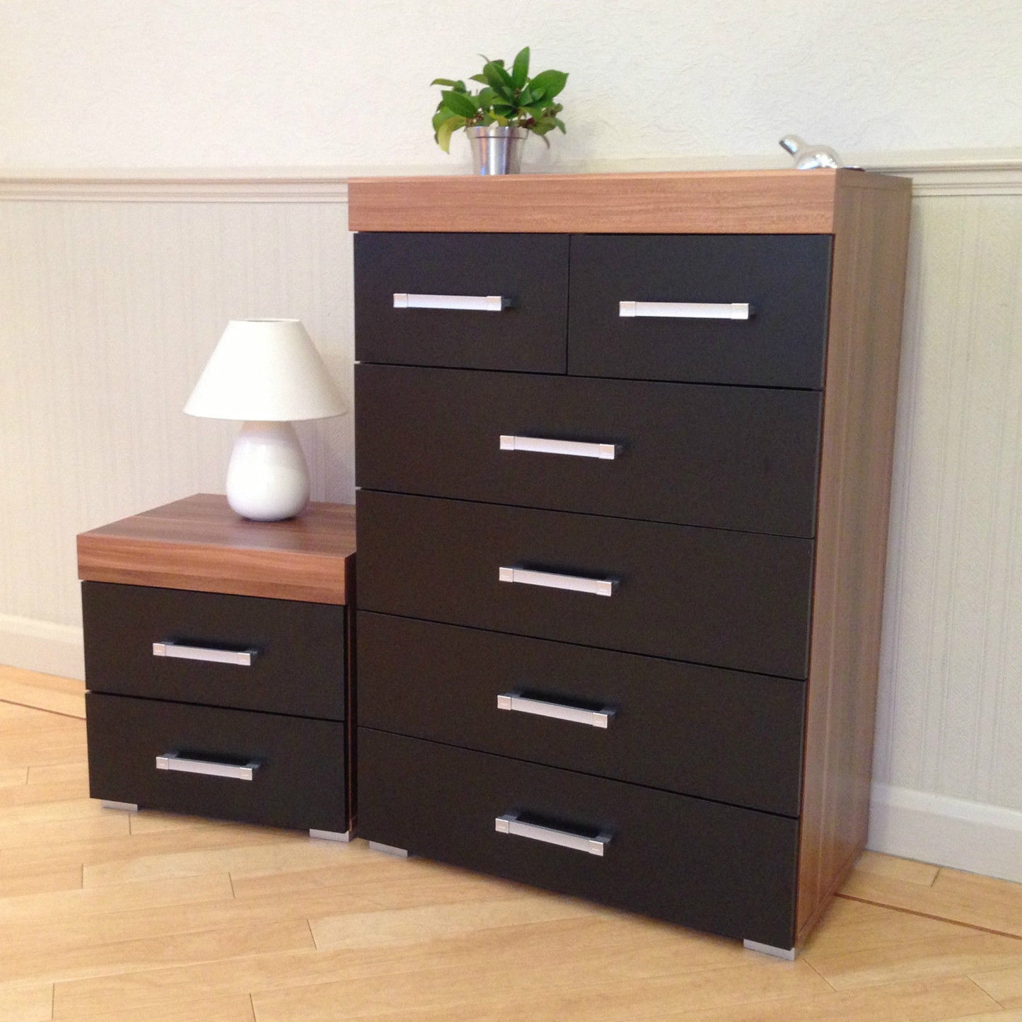 Black & Walnut 4+2 Drawer Chest & 2 Drawer Bedside Cabinet Bedroom Furniture 6