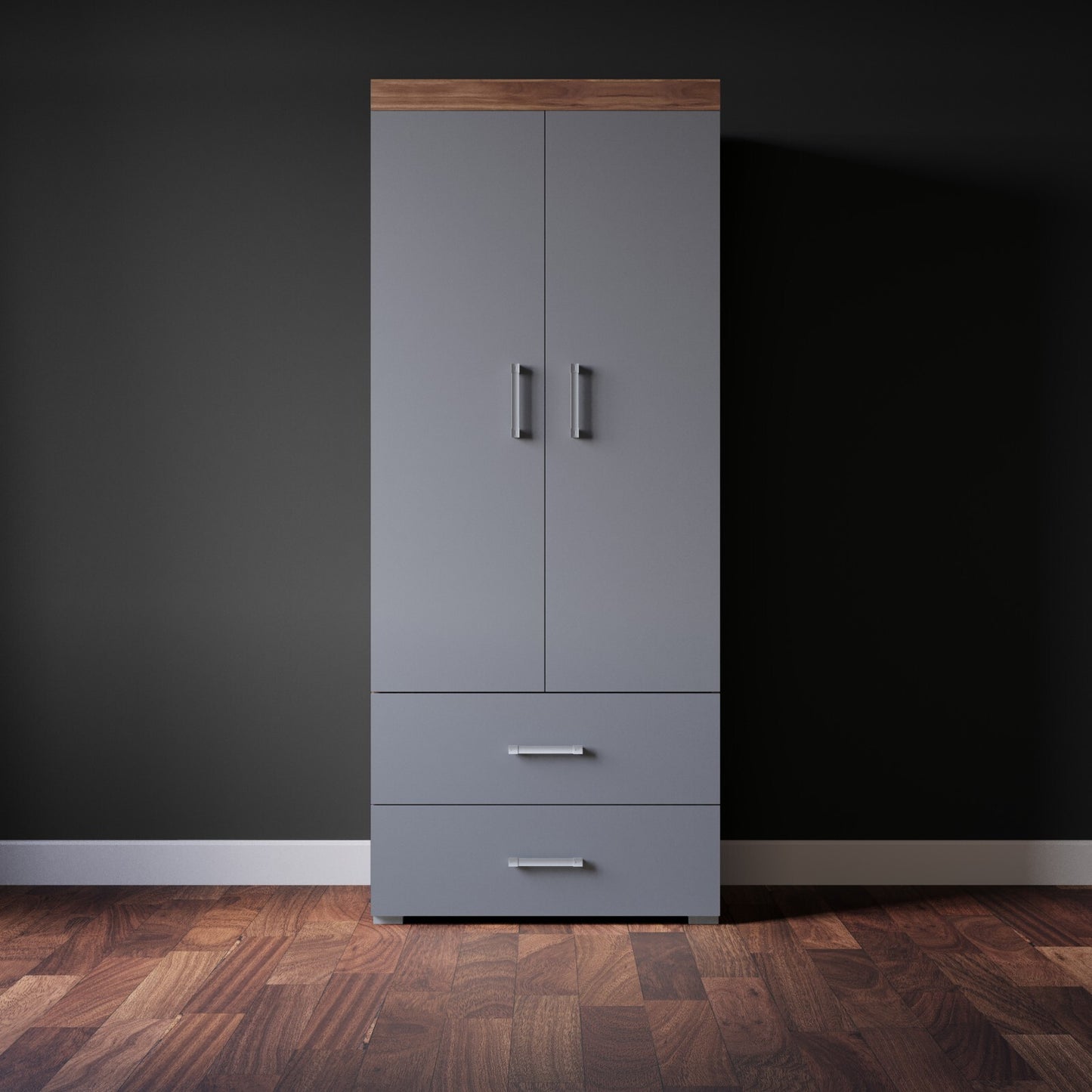 2 Door 2 Drawer Wardrobe in Grey & Walnut Effect Bedroom Furniture Storage Rail