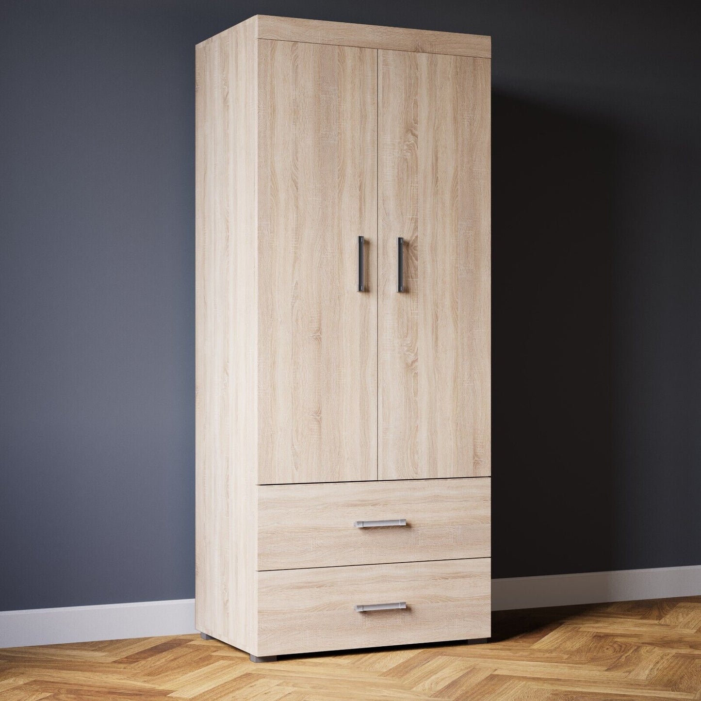2 Door 2 Drawer Wardrobe with Rail - Sonoma Oak Effect Bedroom Furniture Storage