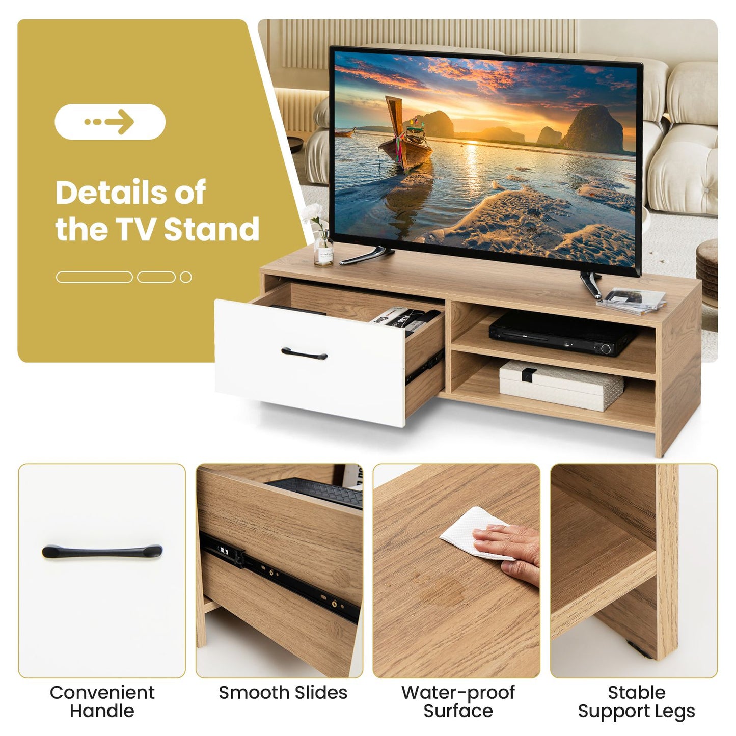 Elegant Wooden TV Stand Featuring Drawer and Dual Shelves for TVs up to 55 Inches