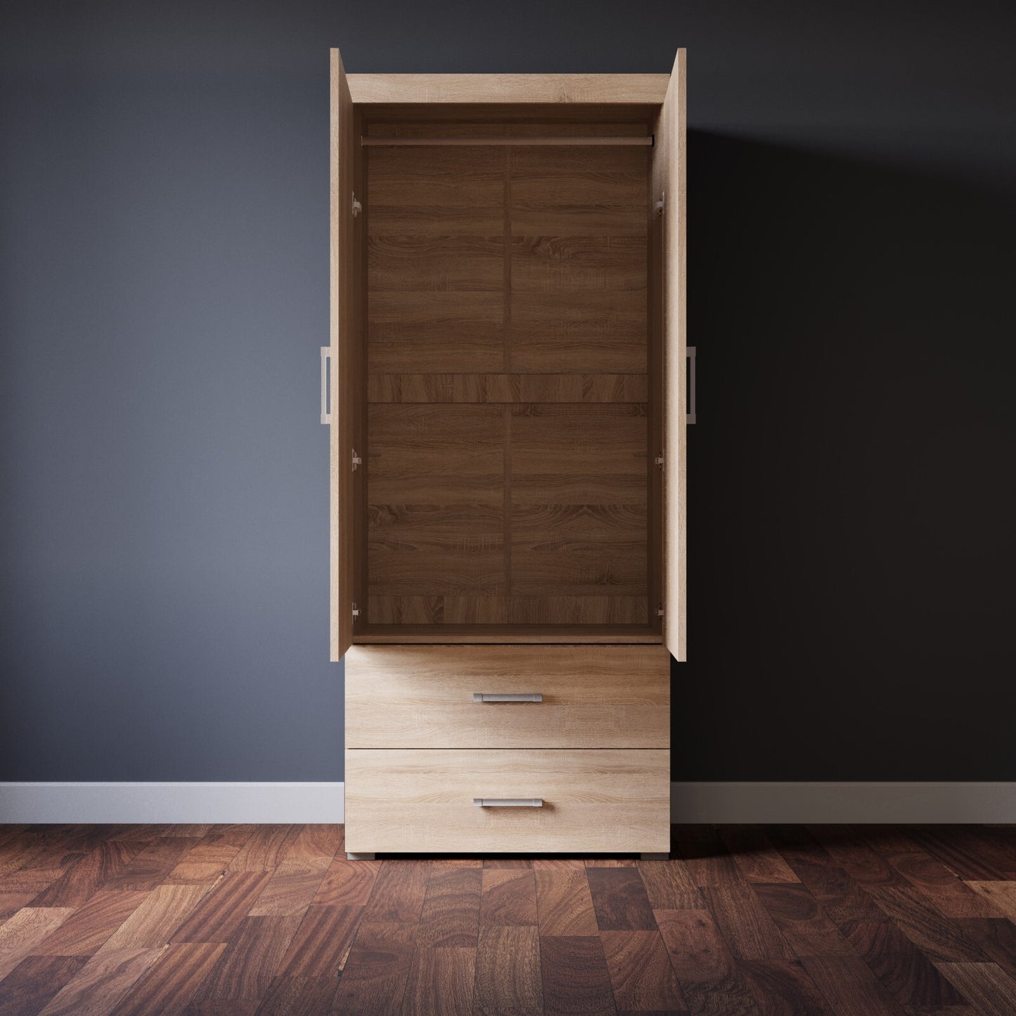 2 Door 2 Drawer Wardrobe with Rail - Sonoma Oak Effect Bedroom Furniture Storage