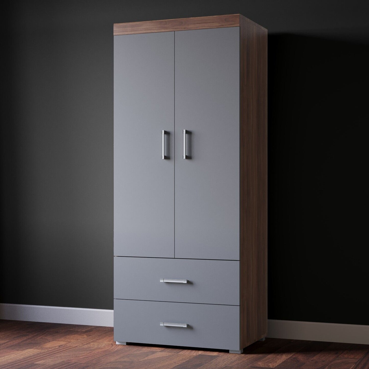 2 Door 2 Drawer Wardrobe in Grey & Walnut Effect Bedroom Furniture Storage Rail
