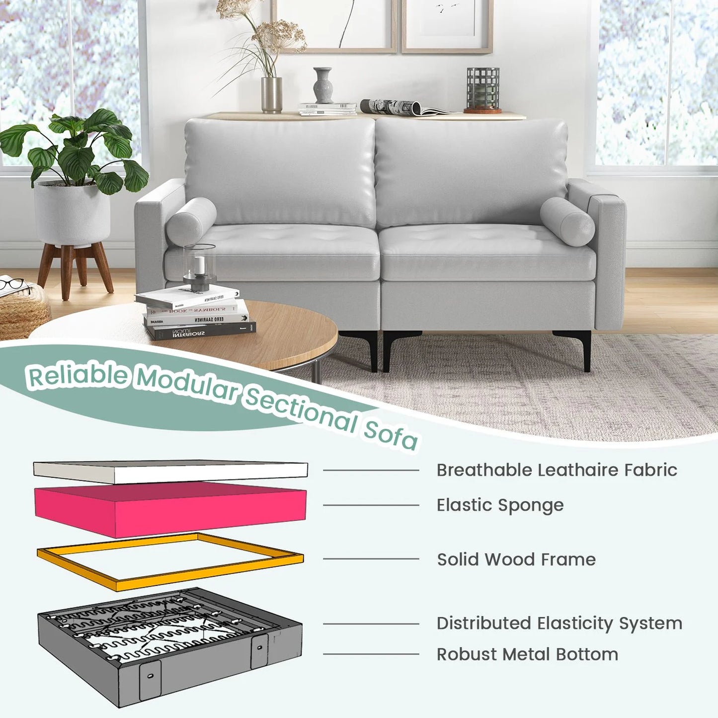 Modular Sectional Sofa Couch with 2 Removable Bolsters, Solid Metal Legs