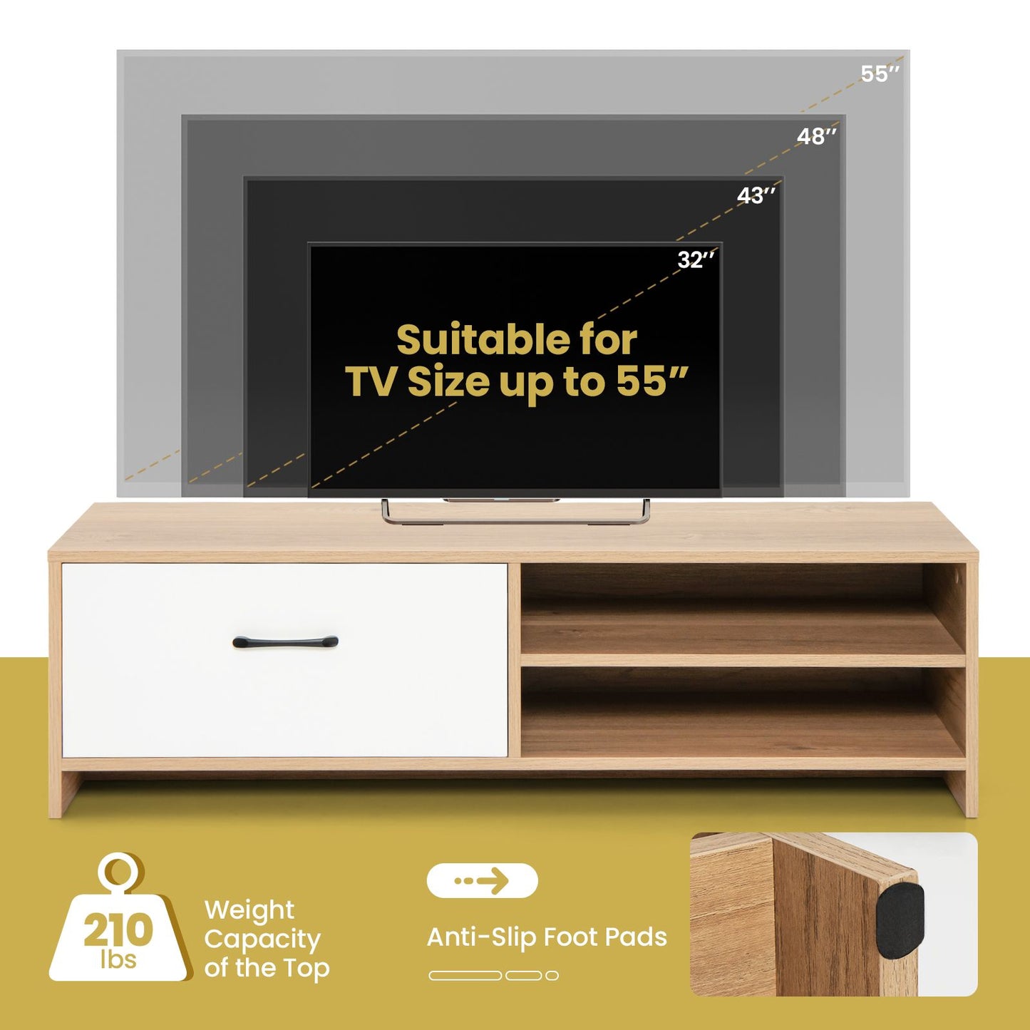 Elegant Wooden TV Stand Featuring Drawer and Dual Shelves for TVs up to 55 Inches