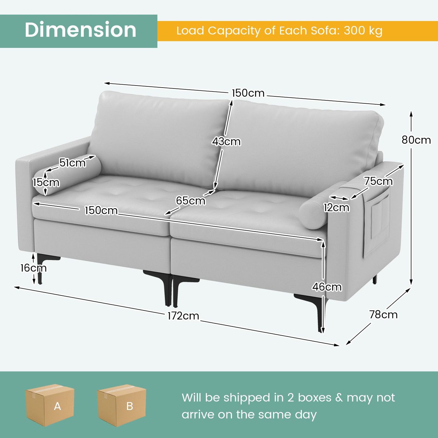 Modular Sectional Sofa Couch with 2 Removable Bolsters, Solid Metal Legs