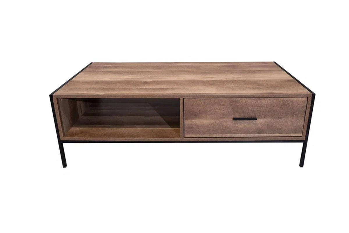 Esteban 1 Drawer Coffee Table with Open Shelf. Industrial Style. Black Metal Frame.