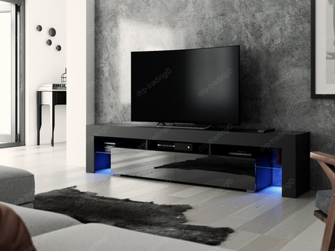 Modern TV Unit 200Cm Cabinet Black Matt and Black High Gloss FREE LED RGB Lights