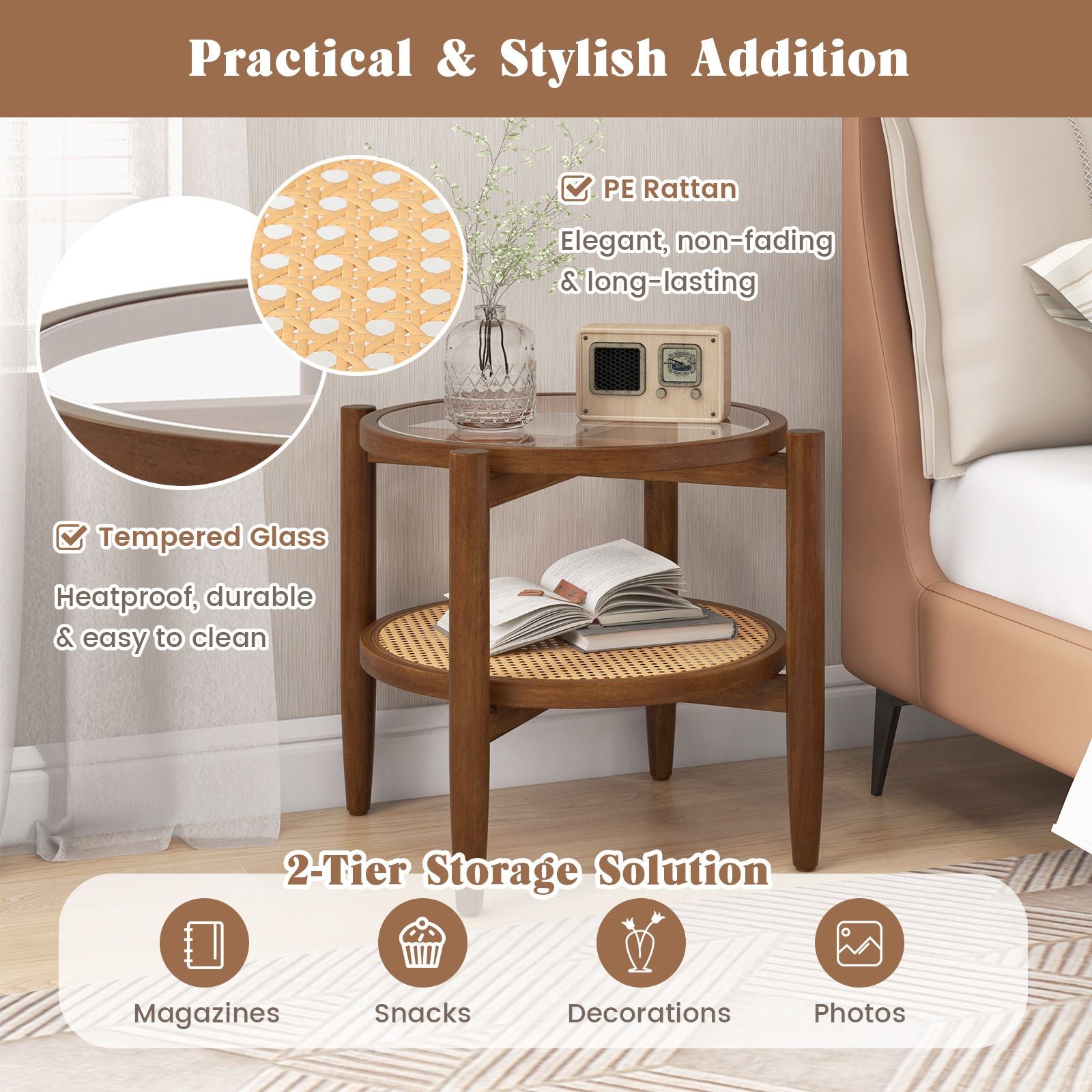2-Tier Round Side End Table in PE Rattan with Tempered Glass Top