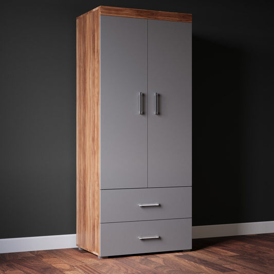 2 Door 2 Drawer Wardrobe in Grey & Walnut Effect Bedroom Furniture Storage Rail