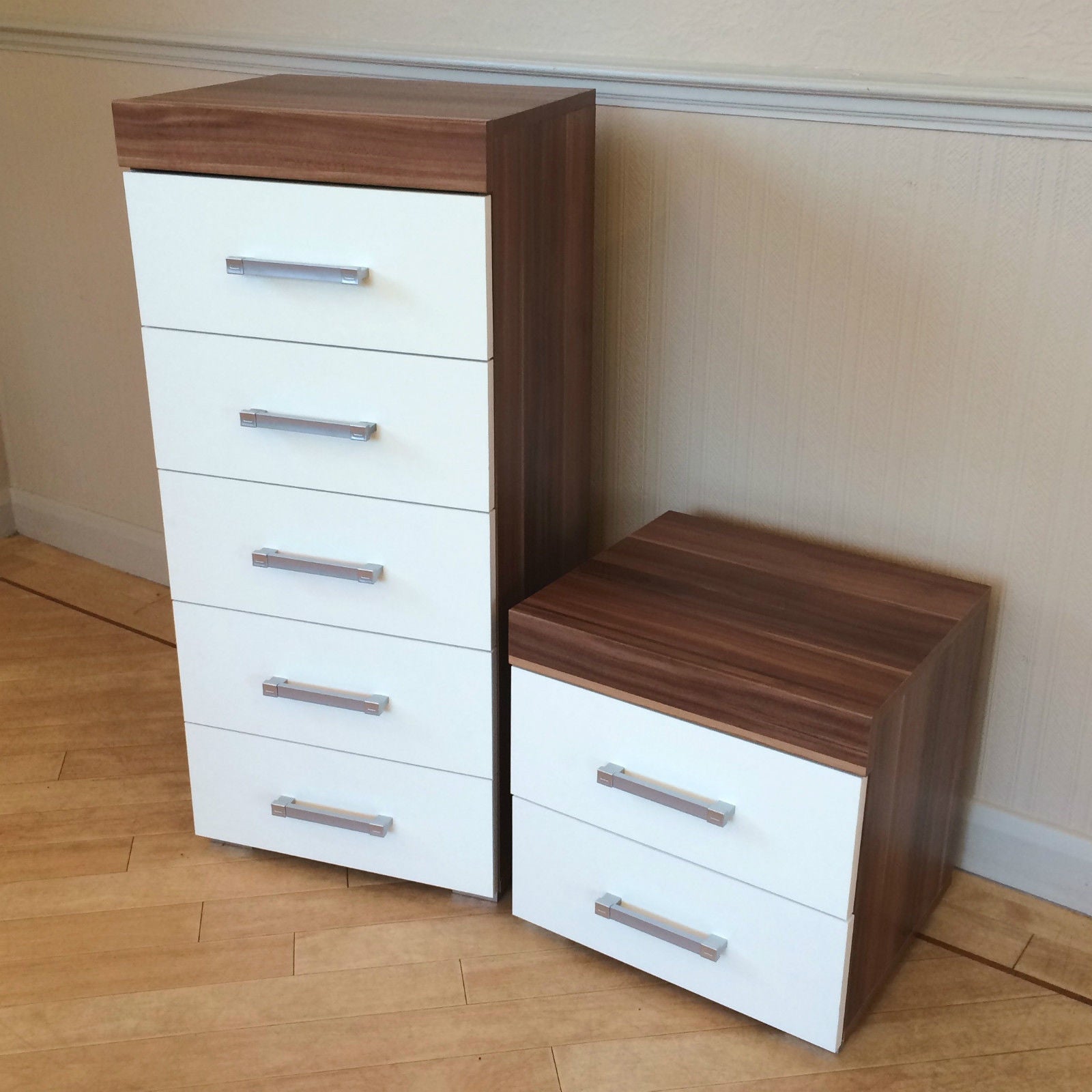 White & Walnut 5 Drawer Tall Boy Chest & 2 Drawer Bedside Cabinet Bedroom Narrow