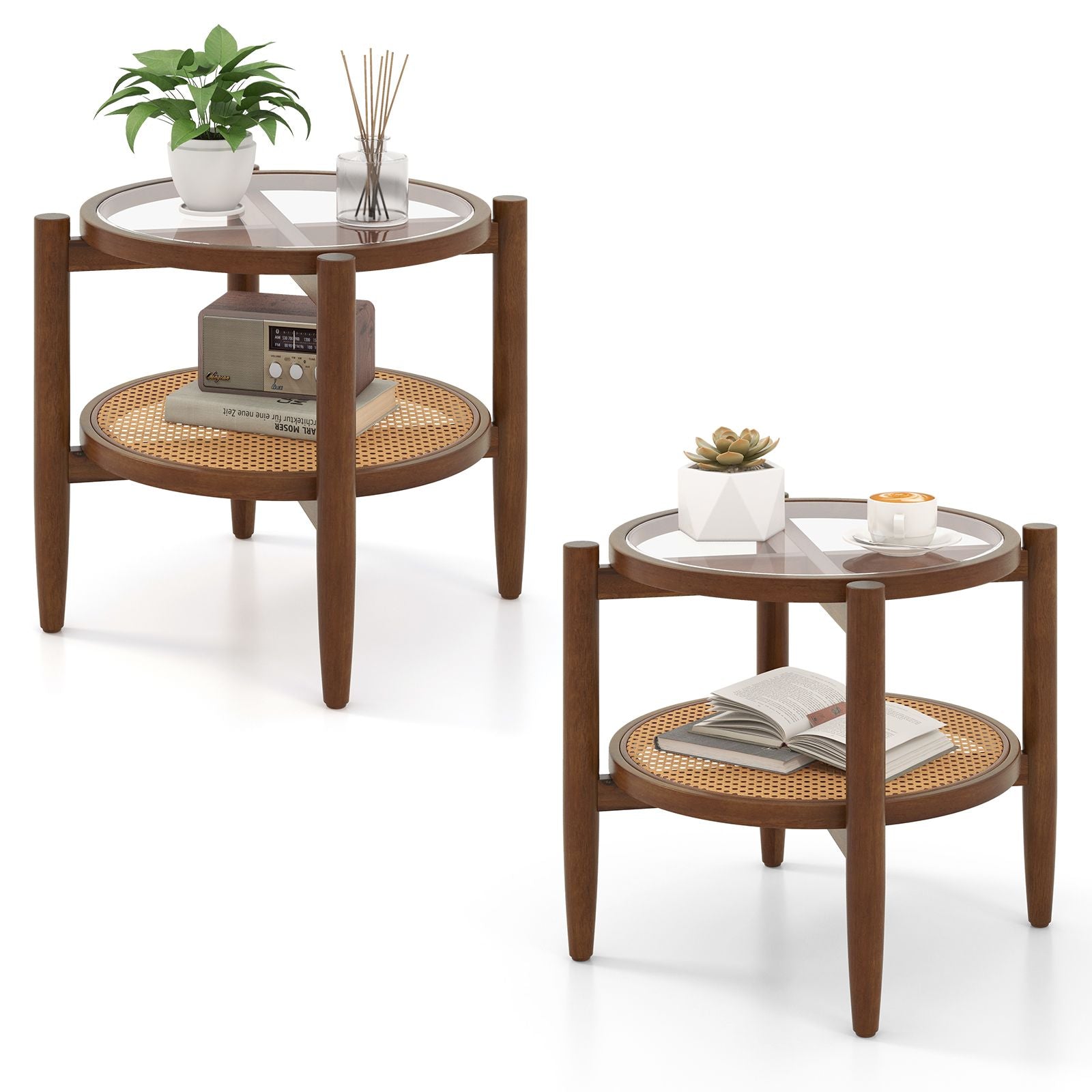 2-Tier Round Side End Table in PE Rattan with Tempered Glass Top