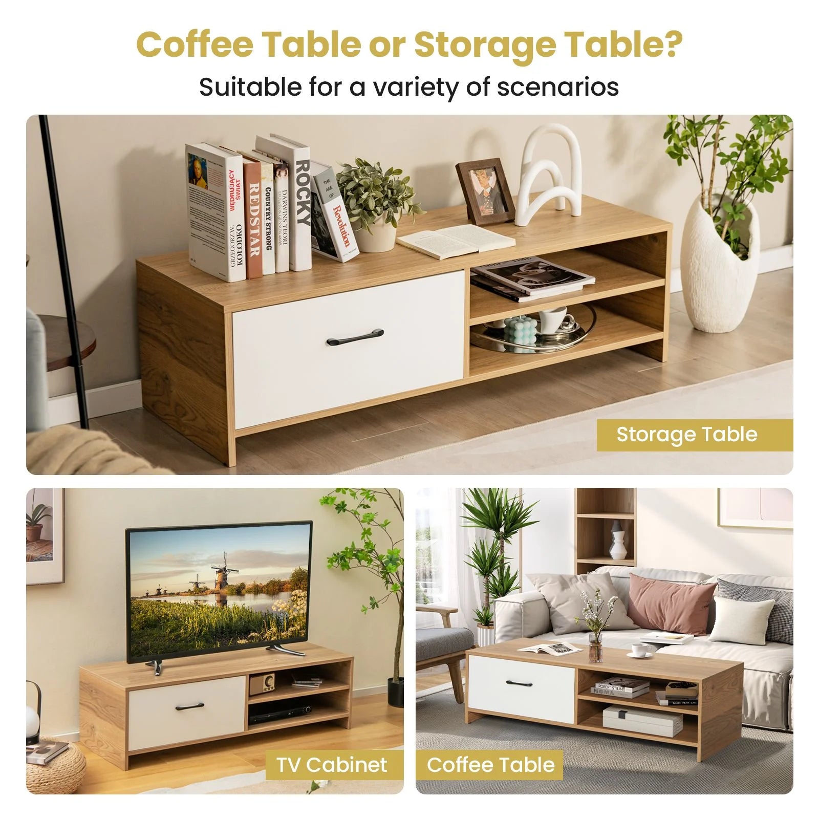 Elegant Wooden TV Stand Featuring Drawer and Dual Shelves for TVs up to 55 Inches