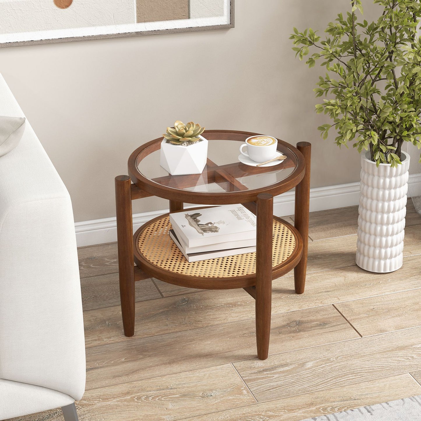 2-Tier Round Side End Table in PE Rattan with Tempered Glass Top