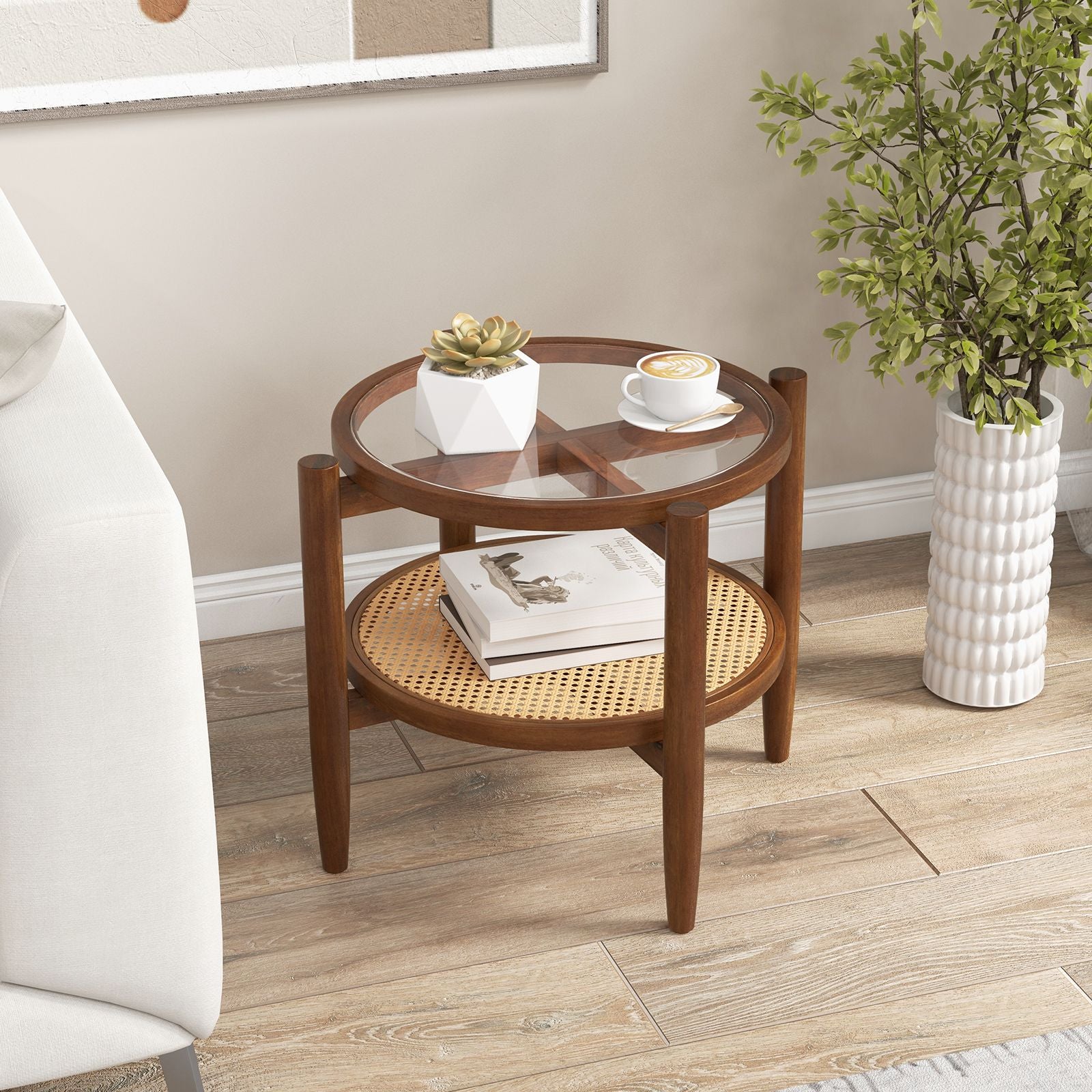 2-Tier Round Side End Table in PE Rattan with Tempered Glass Top